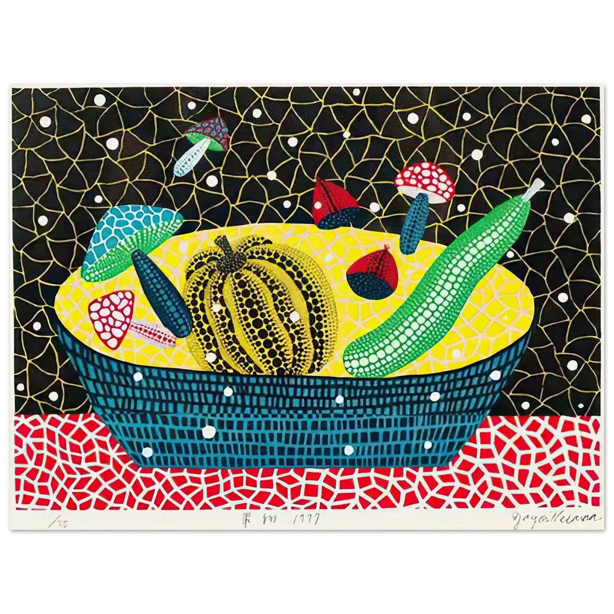 Yayoi Kusama poster — Fruits (2) turns an arrangement of fruit into a deliberately ornamental still life, 30x40 cm / 12x16″
