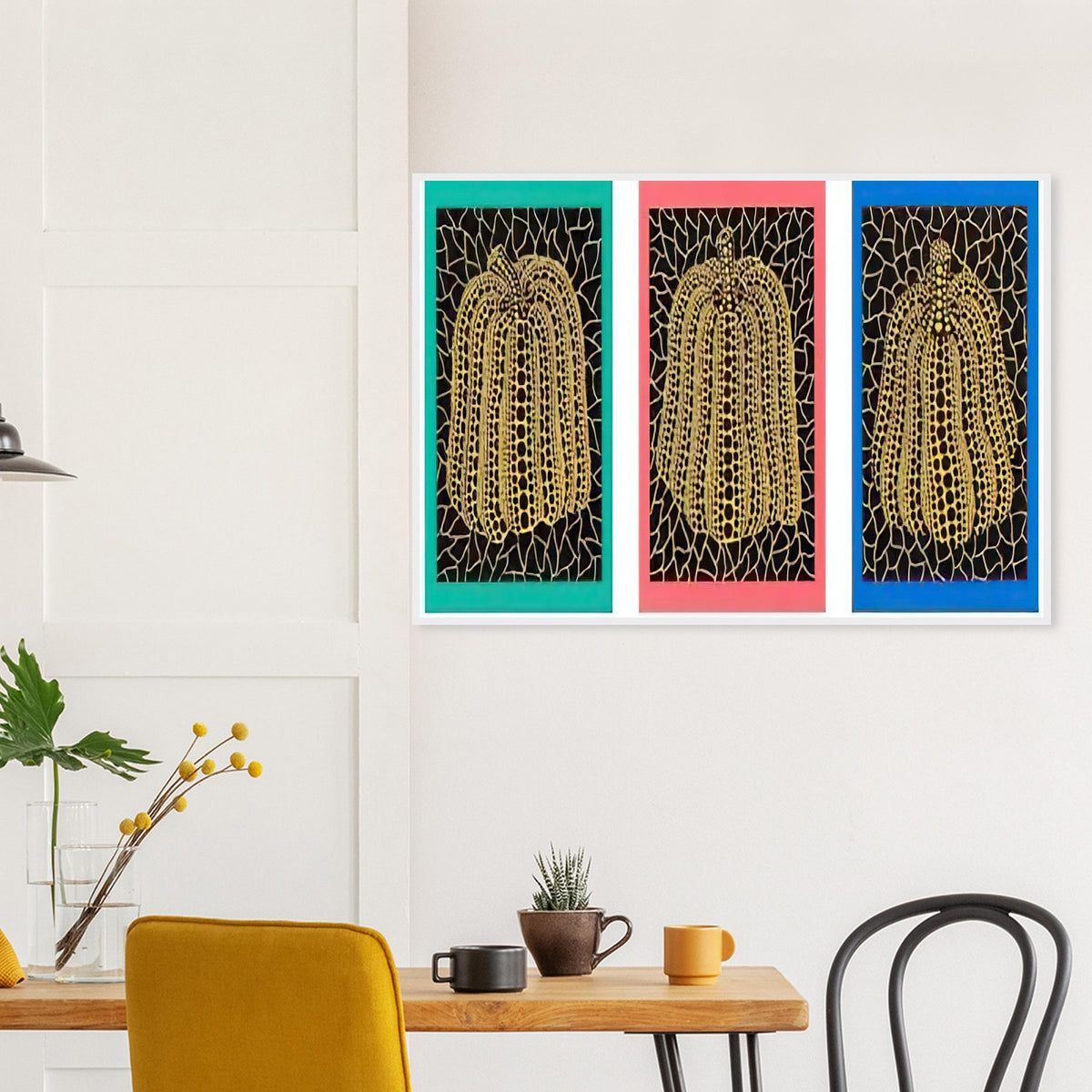 Yayoi Kusama framed print — Pumpkins [Kusama 146] shifts the emphasis from a single gourd to a plural subject