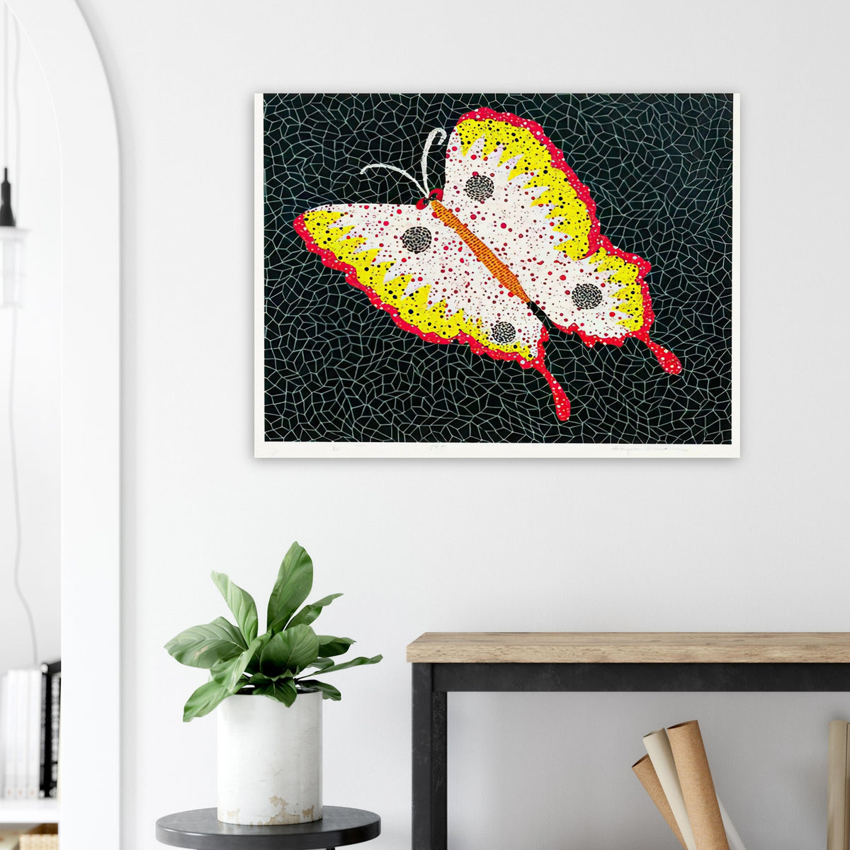 Yayoi Kusama poster — Butterfly [Kusama 81] by Yayoi Kusama takes the lightness of a butterfly and gives it graphic intensity through pattern