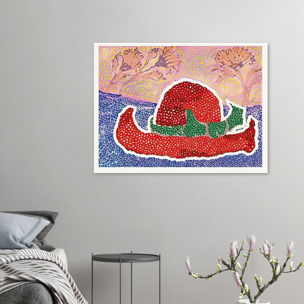 Yayoi Kusama poster — Hat Left Behind in the Field turns an unattended accessory into a scene with an implied human presence