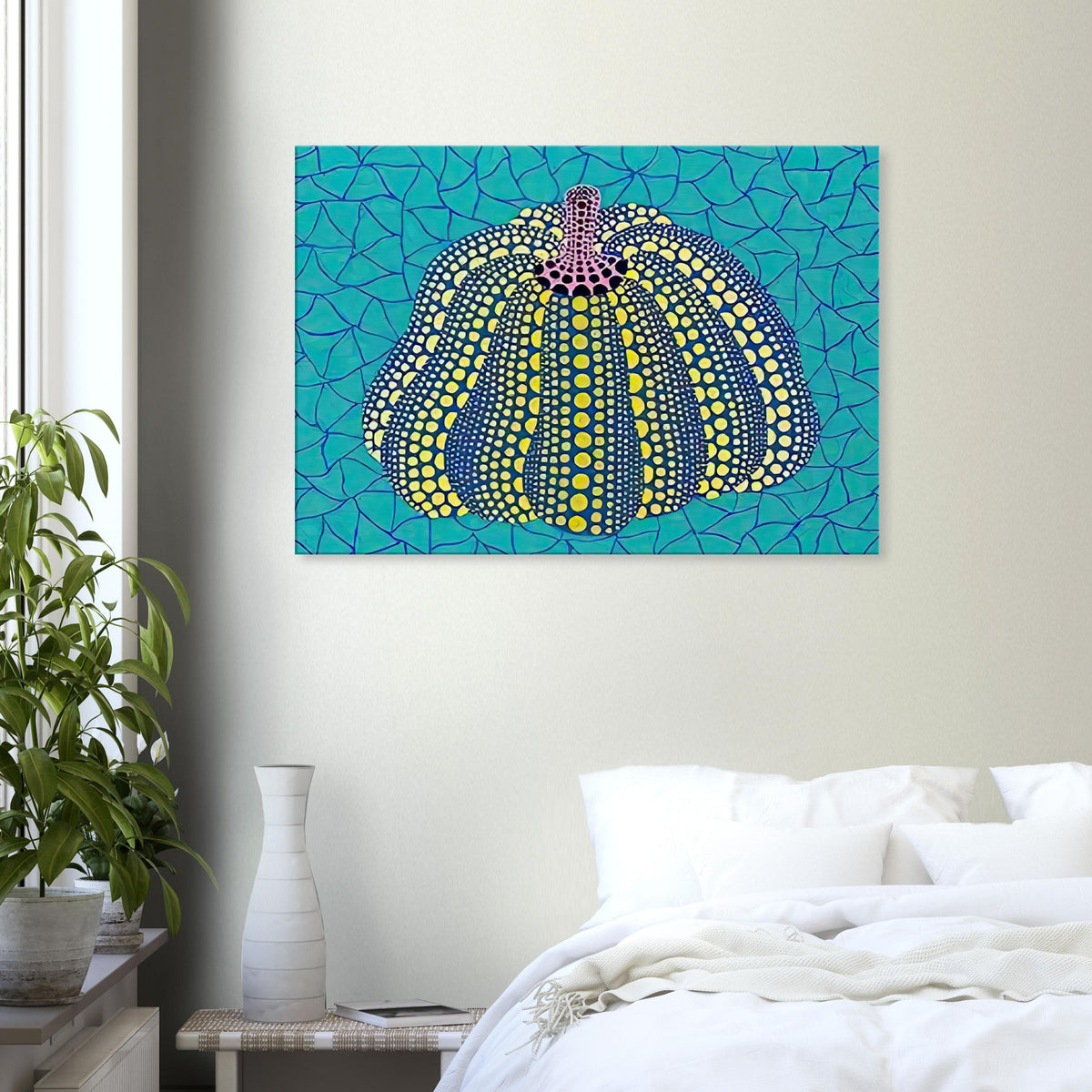 Yayoi Kusama canvas print — Pumpkin (OG) [Kusama 156] revisits Kusama’s best-known vegetable through the relationship between its distinctive form and repeating ornament
