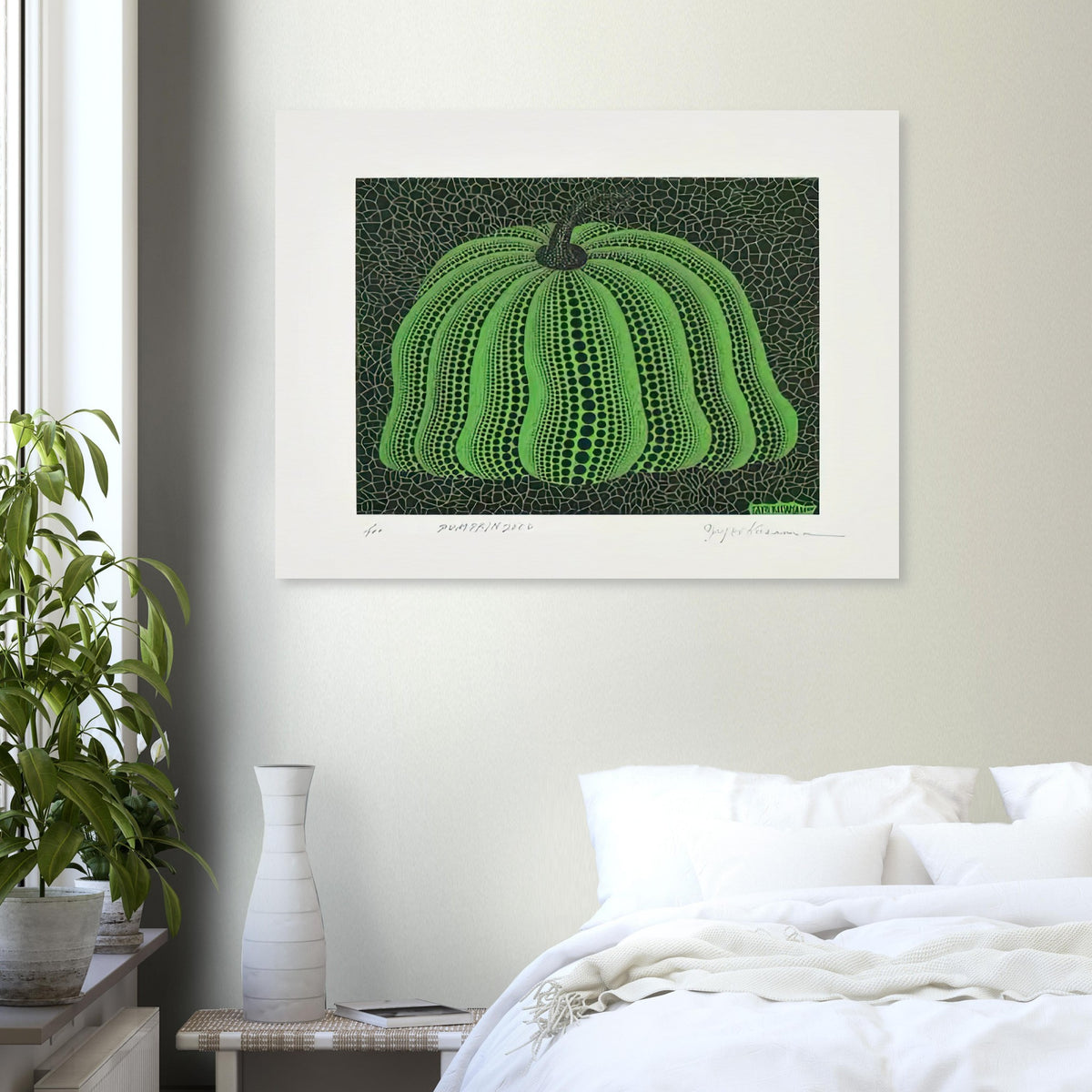 Yayoi Kusama poster — Pumpkin 2000 (Green) uses a green treatment to reinterpret one of Kusama’s most affectionate subjects
