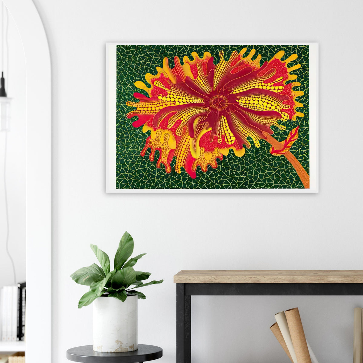 Yayoi Kusama framed print — Flower (A) treats a single flowering motif as a complete visual world
