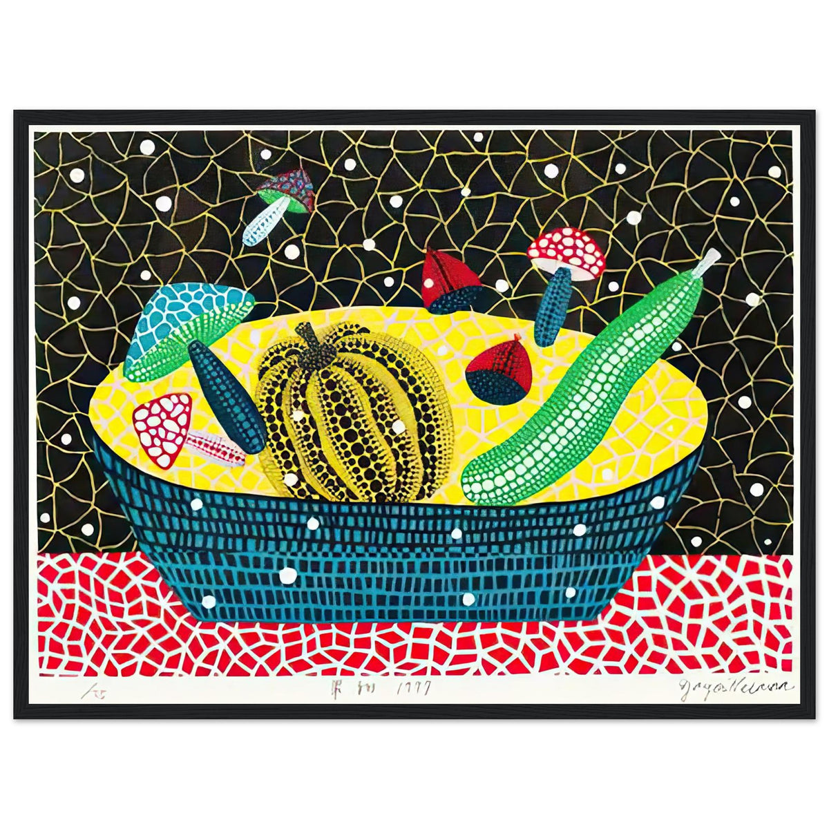 Yayoi Kusama framed print — Fruits (2) turns an arrangement of fruit into a deliberately ornamental still life, black frame, 45x60 cm / 18x24″