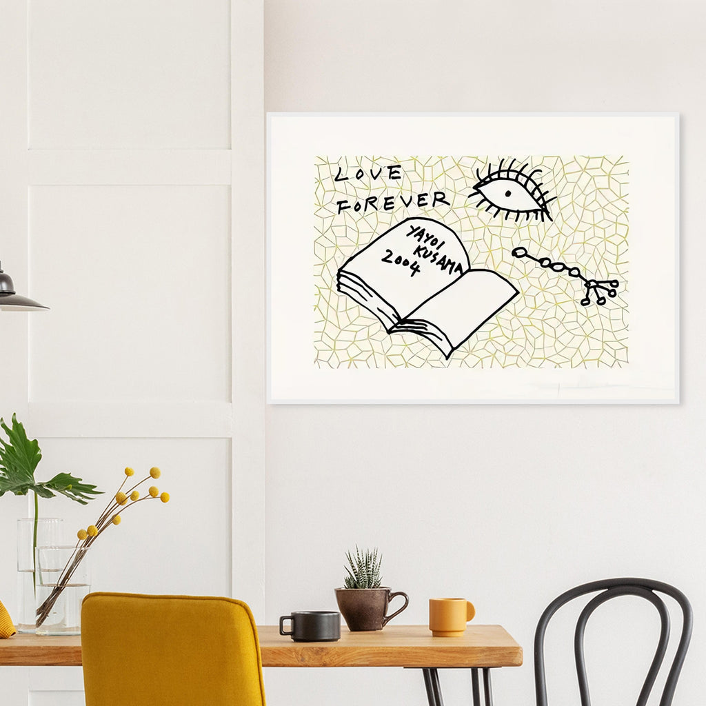 Yayoi Kusama framed print — Book to Read at Night A places an illustrated book at the center of a strange, poetic visual world