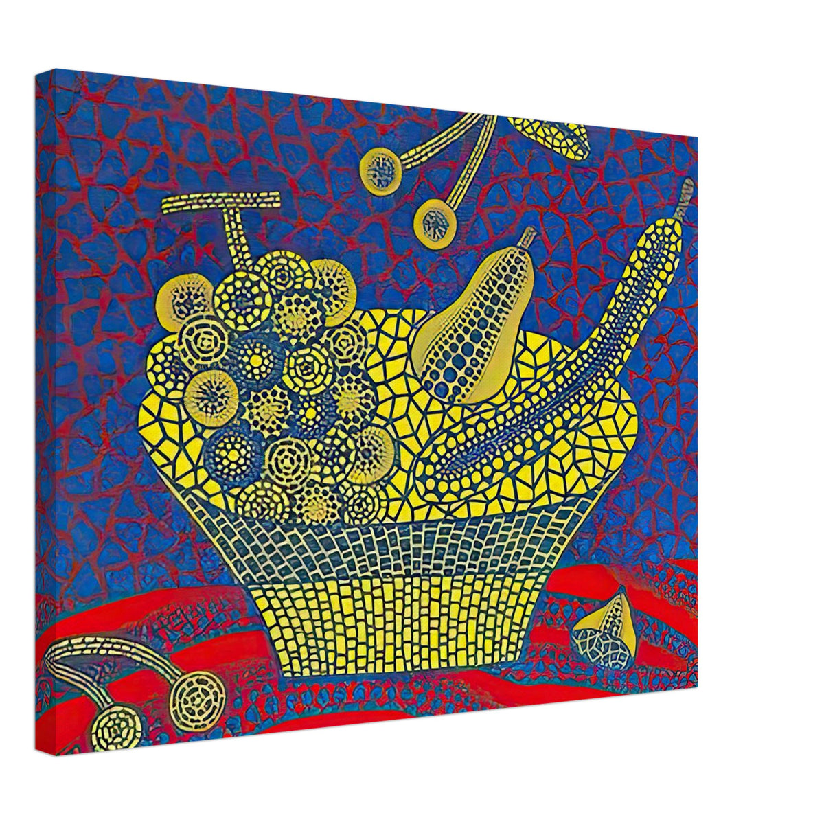 Yayoi Kusama canvas print — Fruit Basket (1) by Yayoi Kusama explores one of the artist’s recurring subjects: the abundance of ordinary fruit, 45x60 cm / 18x24″