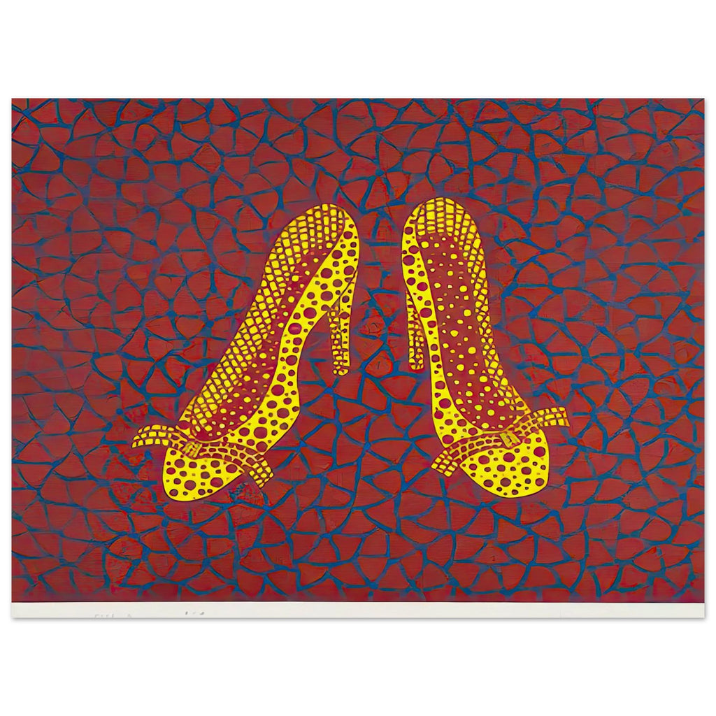 Yayoi Kusama poster — High Heels (1) makes a fashion accessory the protagonist of a Kusama print, 15x20 cm / 6x8″