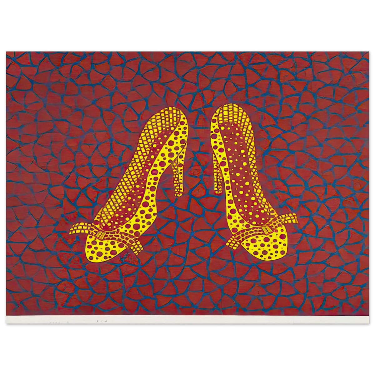 Yayoi Kusama poster — High Heels (1) makes a fashion accessory the protagonist of a Kusama print, 15x20 cm / 6x8″