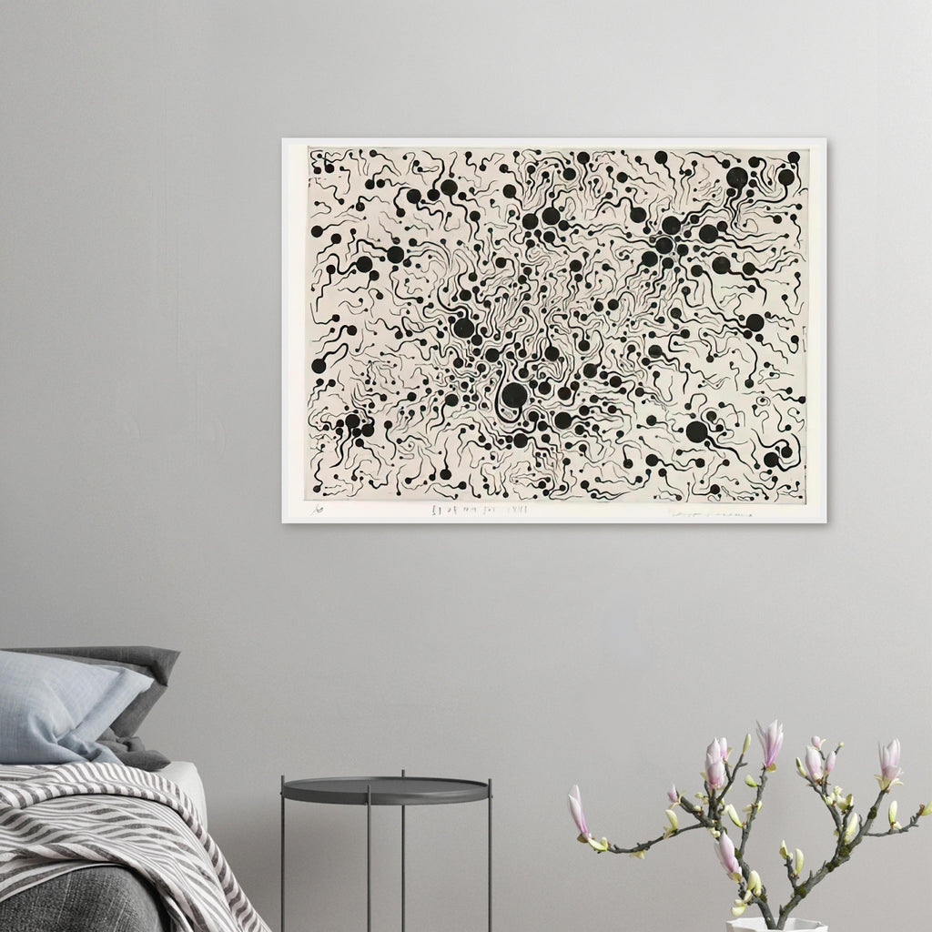 Yayoi Kusama framed print — River at Sunrise brings a moment of natural transition into Kusama’s printmaking imagery