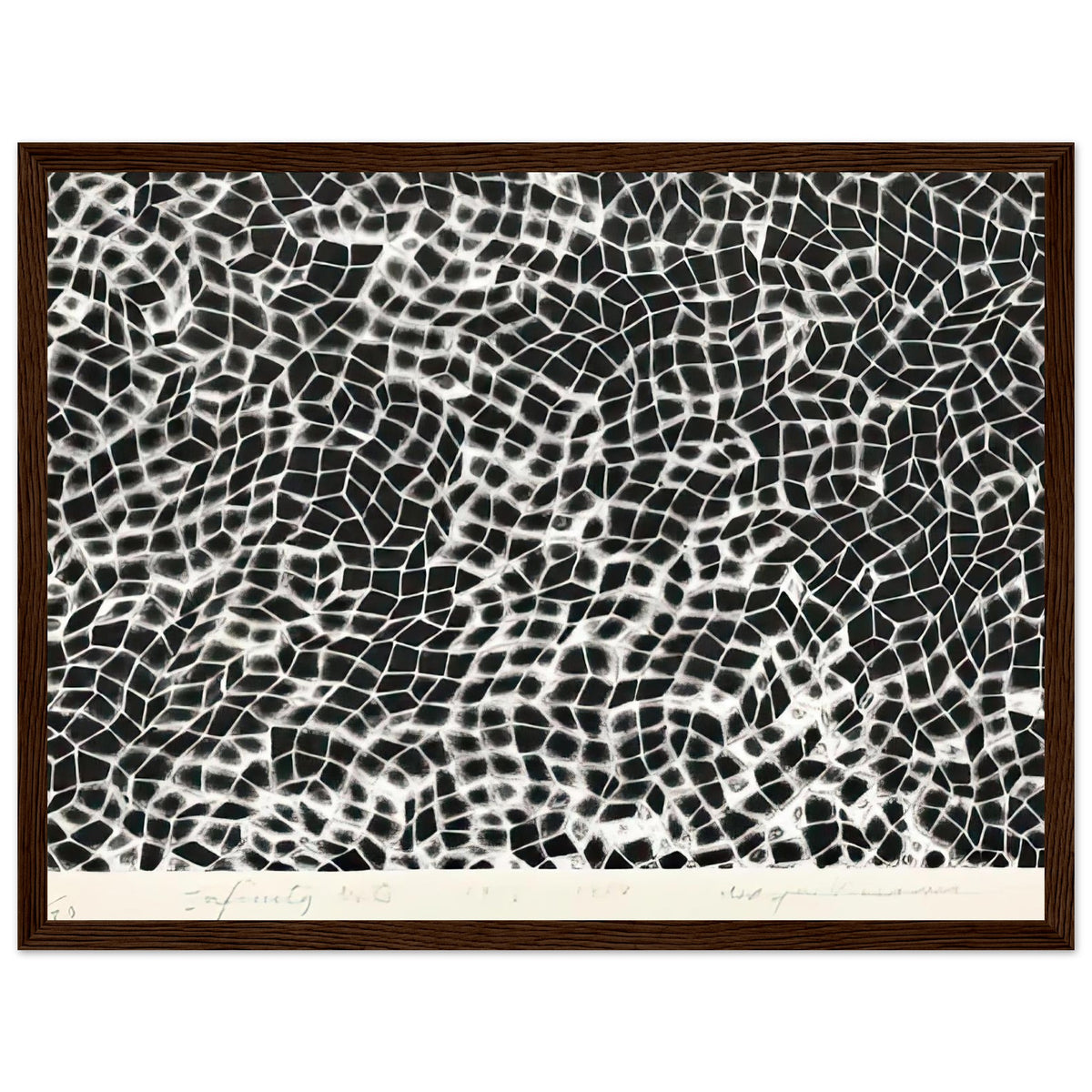 Yayoi Kusama framed print — Infinity Nets (Image 4) explores Kusama’s Infinity Net as a field built from countless repeated marks, dark wood frame, 30x40 cm / 12x16″