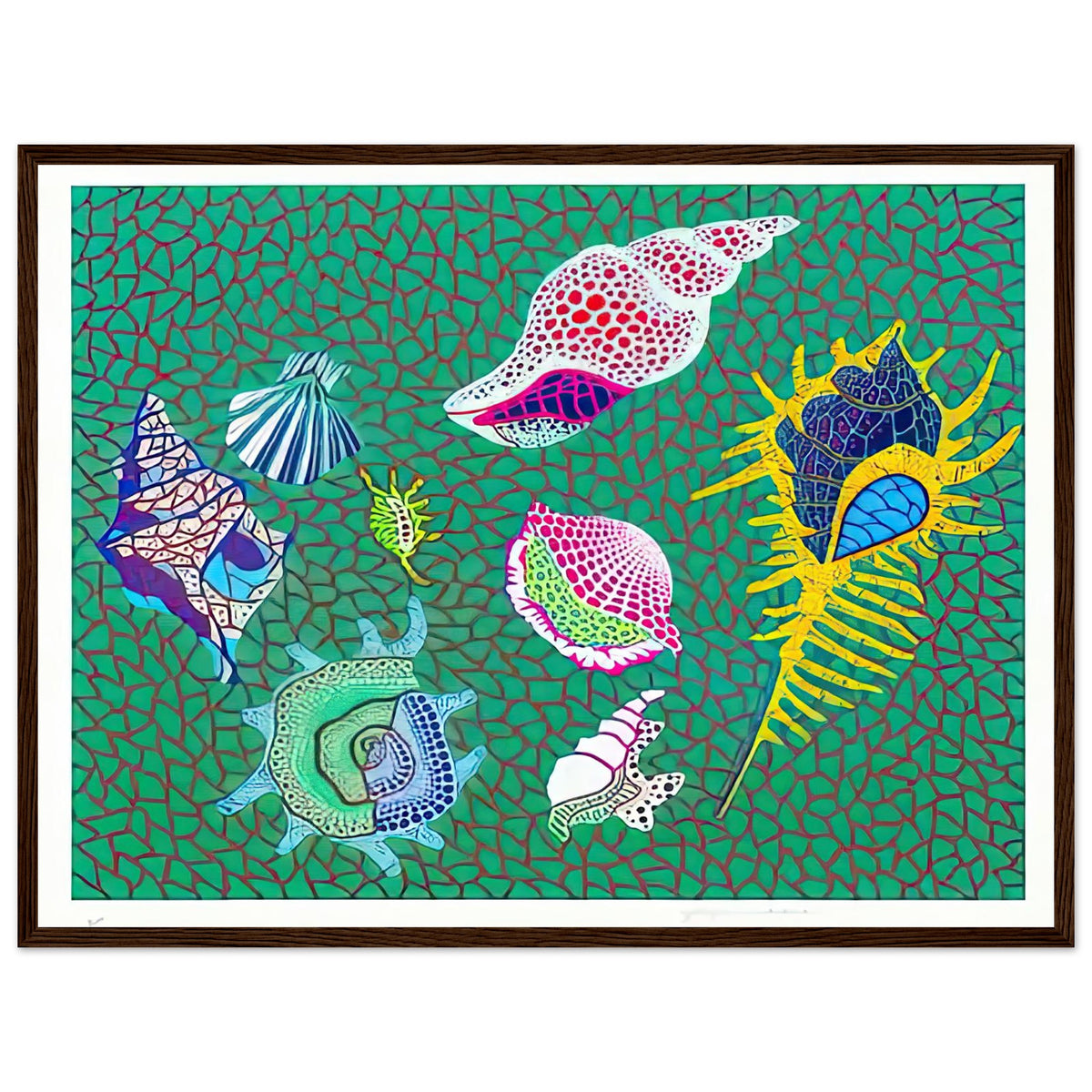 Yayoi Kusama framed print — Shells draws attention to small natural objects whose curved structures and repeating ridges are already pattern-like, dark wood frame, 45x60 cm / 18x24″