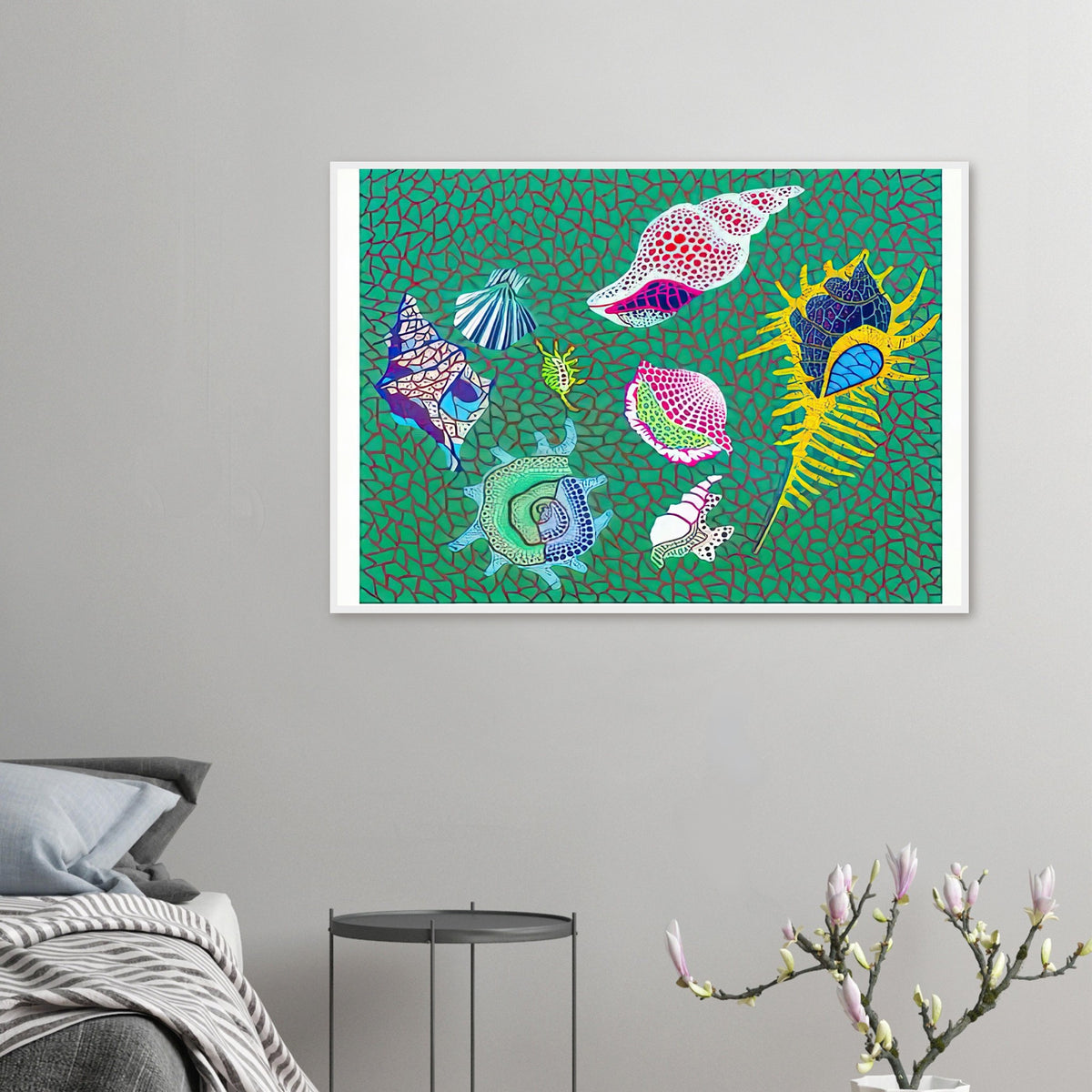 Yayoi Kusama framed print — Shells draws attention to small natural objects whose curved structures and repeating ridges are already pattern-like