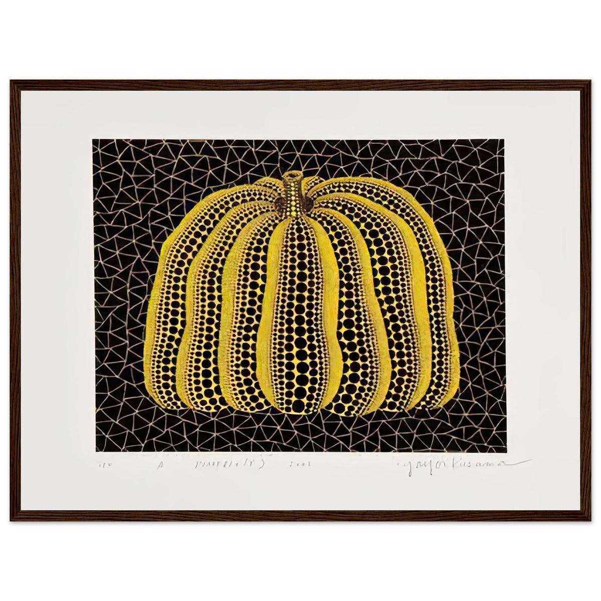 Yayoi Kusama framed print — Pumpkin (Y) is one precisely named variation on Yayoi Kusama’s iconic pumpkin theme, dark wood frame, 45x60 cm / 18x24″