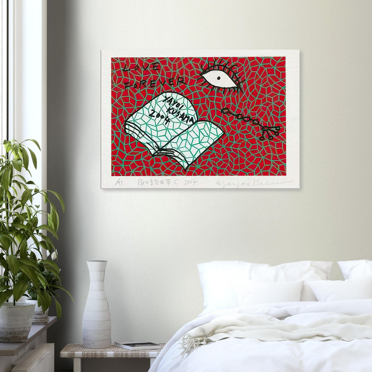 Yayoi Kusama canvas print — Book to Read at Night C places an illustrated book at the center of a strange, poetic visual world