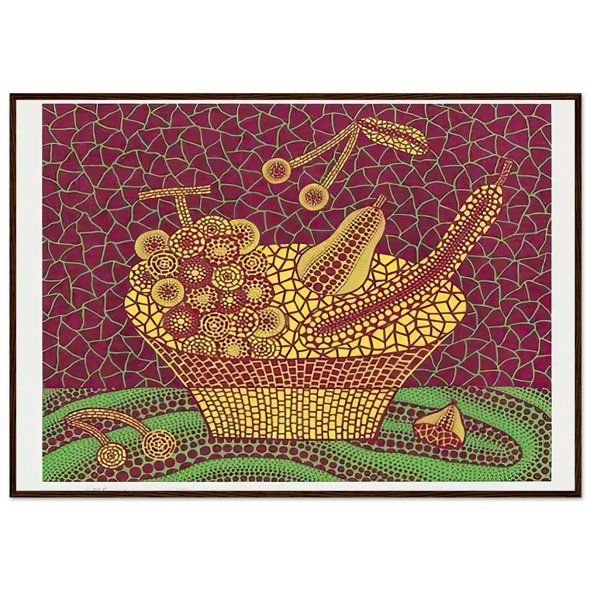 Yayoi Kusama framed print — Fruit Basket (3) by Yayoi Kusama explores one of the artist’s recurring subjects: the abundance of ordinary fruit, dark wood frame, 70x100 cm / 28x40″