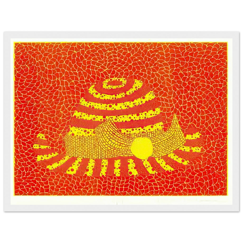 Yayoi Kusama framed print — Hat (Orange) presents a familiar accessory as an exercise in changing color and graphic character, white frame, 30x40 cm / 12x16″