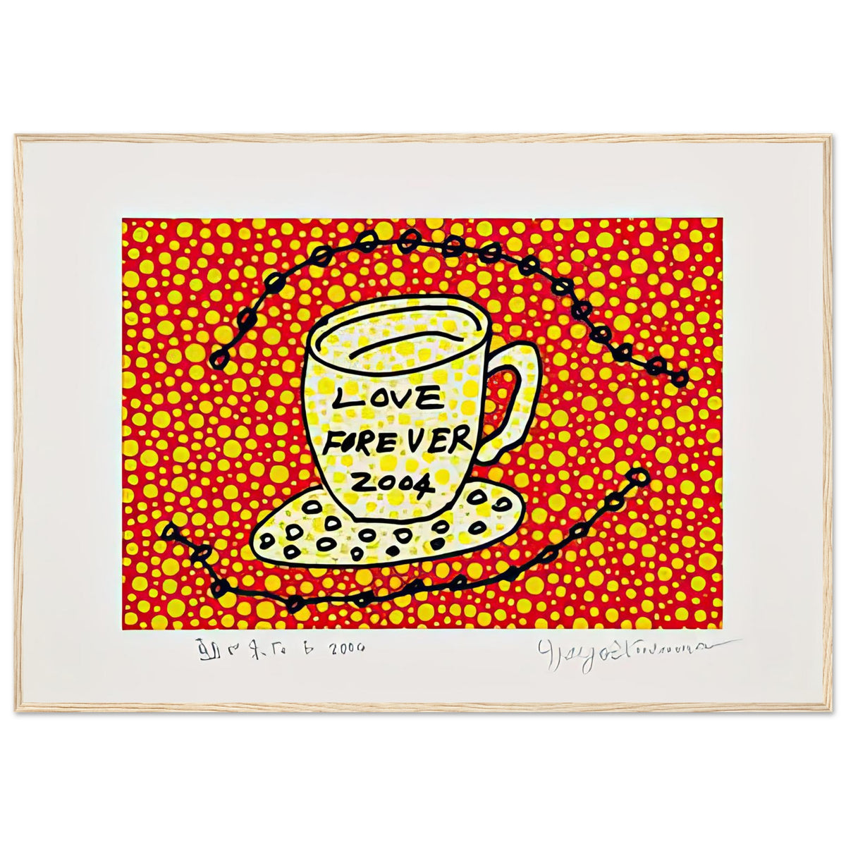 Yayoi Kusama framed print — Morning Is Here (E) joins a series of compact 2004 prints in which the beginning of the day becomes a subject for personal symbols and tightly controlled graphic, wood frame, 70x100 cm / 28x40″