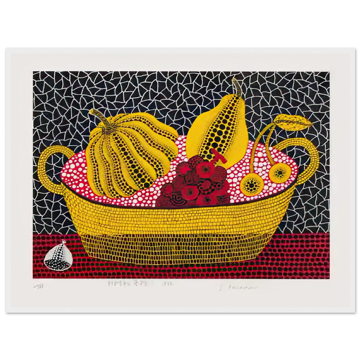Yayoi Kusama framed print — Pumpkin and Fruits brings a dotted pumpkin into a richly populated still life rather than isolating the gourd on its own, white frame, 60x80 cm / 24x32″