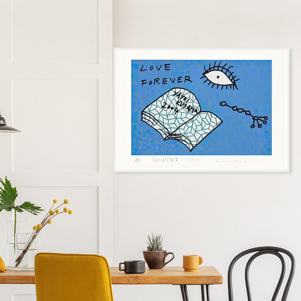 Yayoi Kusama framed print — Book to Read at Night D places an illustrated book at the center of a strange, poetic visual world