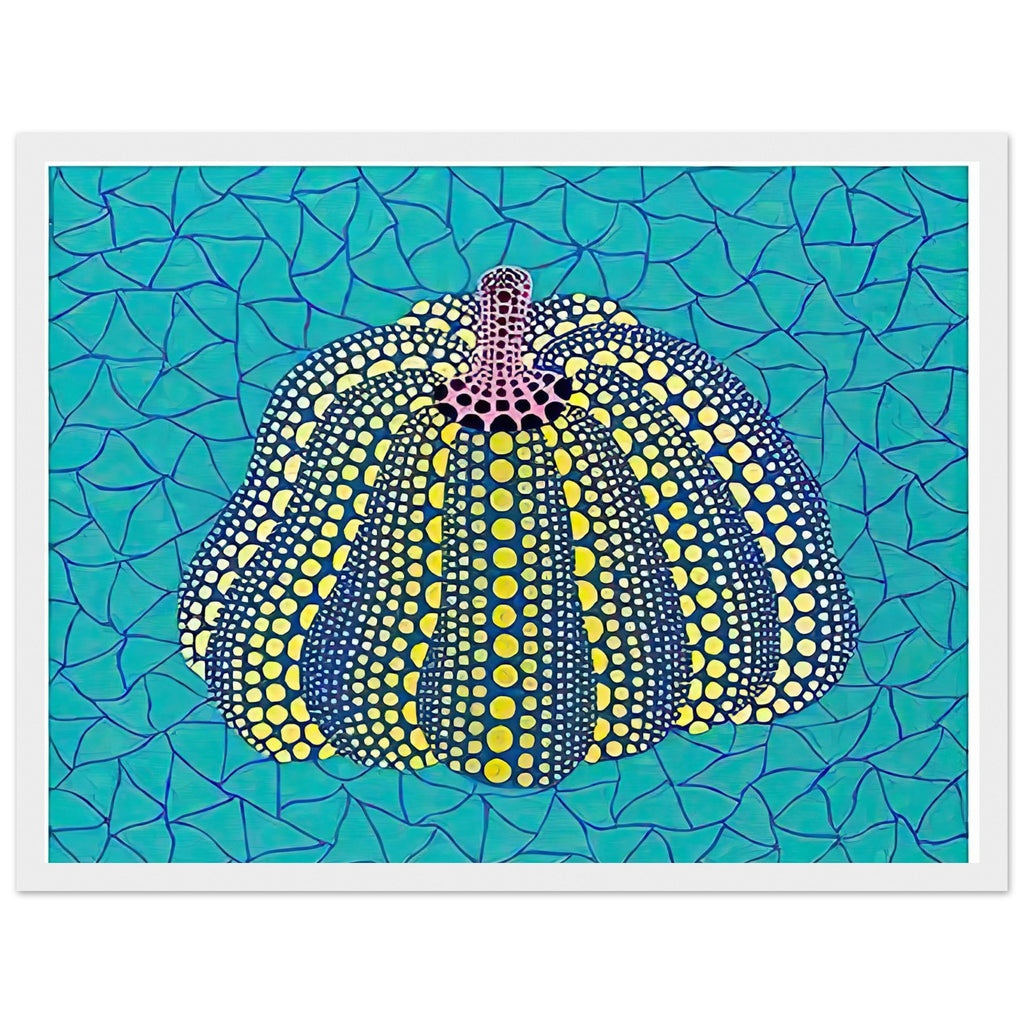 Yayoi Kusama framed print — Pumpkin (OG) [Kusama 156] revisits Kusama’s best-known vegetable through the relationship between its distinctive form and repeating ornament, white frame, 30x40 cm / 12x16″