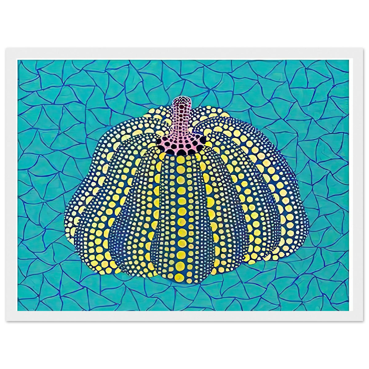 Yayoi Kusama framed print — Pumpkin (OG) [Kusama 156] revisits Kusama’s best-known vegetable through the relationship between its distinctive form and repeating ornament, white frame, 30x40 cm / 12x16″