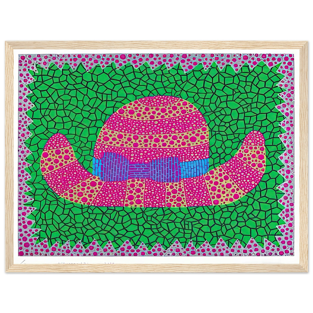 Yayoi Kusama framed print — Hat II turns an everyday hat into a subject for playful observation, wood frame, 30x40 cm / 12x16″