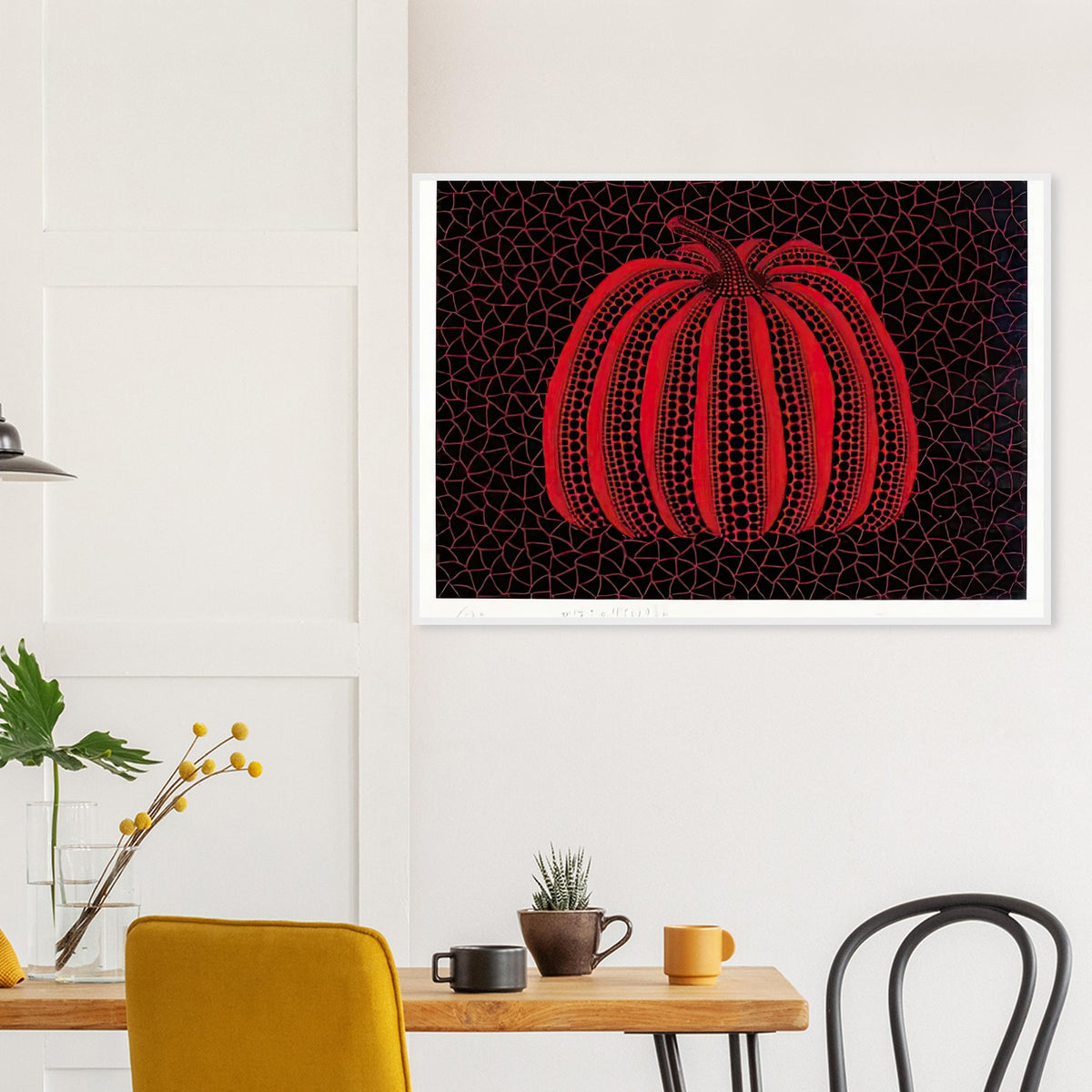 Yayoi Kusama framed print — Pumpkin (RY) [Kusama 233] revisits Kusama’s best-known vegetable through the relationship between its distinctive form and repeating ornament