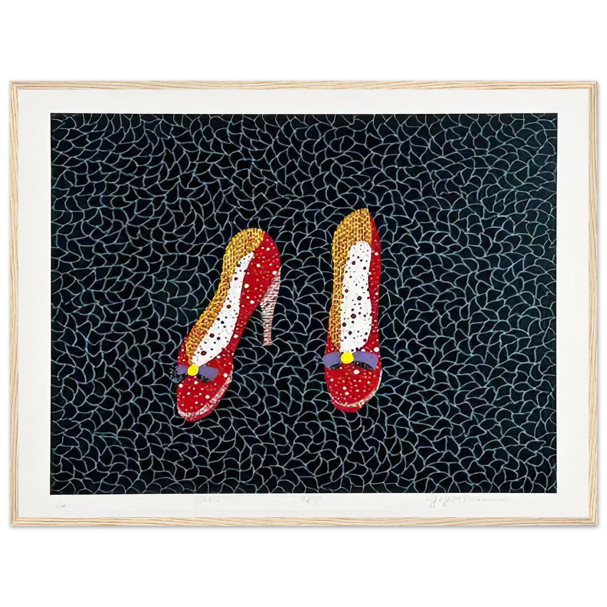 Yayoi Kusama framed print — Shoes (2) turns a footwear object into an image about shape, balance and individuality, wood frame, 60x80 cm / 24x32″