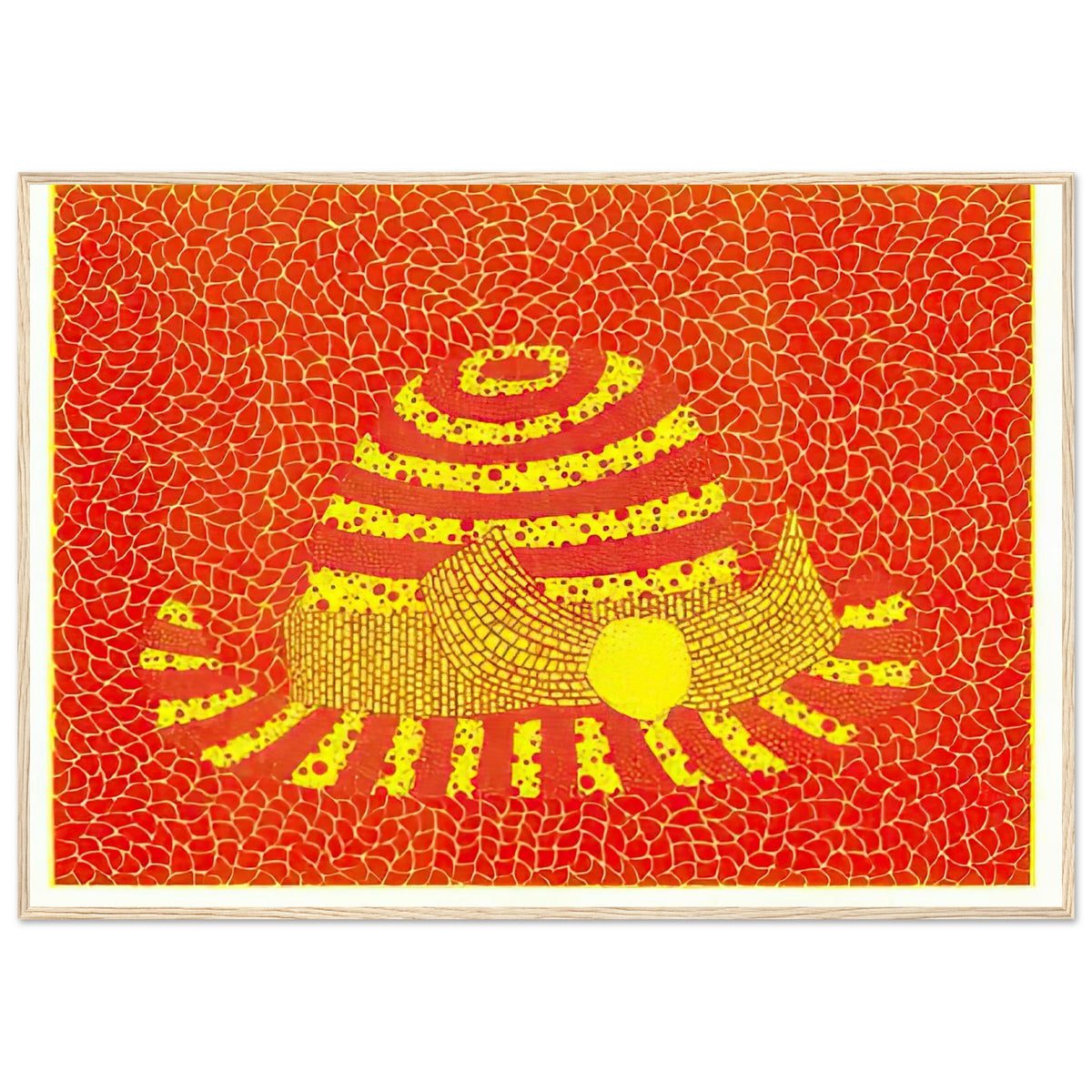 Yayoi Kusama framed print — Hat (Orange) presents a familiar accessory as an exercise in changing color and graphic character, wood frame, 70x100 cm / 28x40″