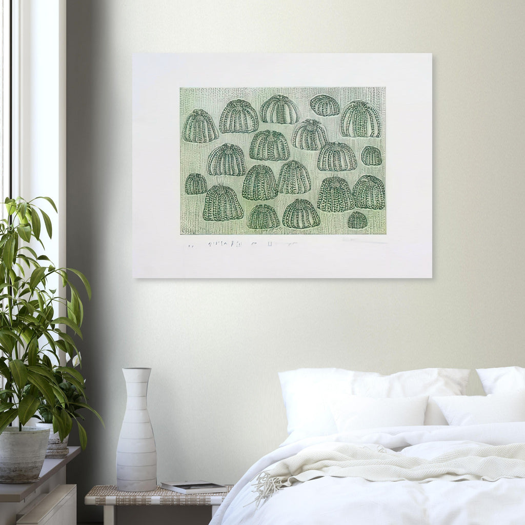 Yayoi Kusama poster — Pumpkin Army (green) turns a single familiar vegetable into a collective presence