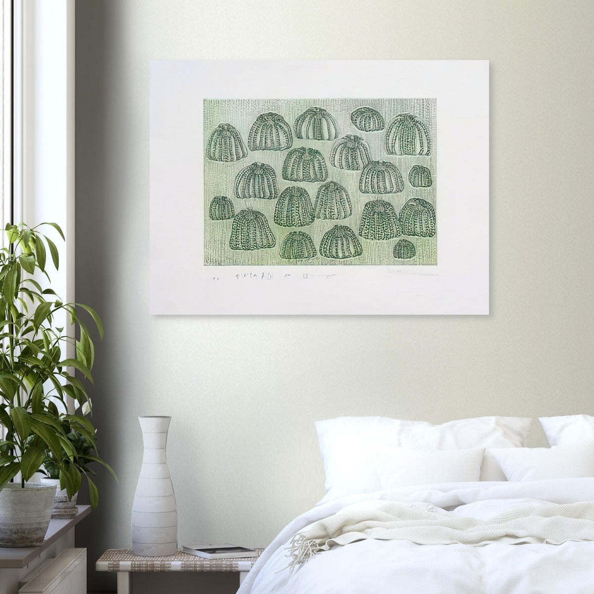 Yayoi Kusama poster — Pumpkin Army (green) turns a single familiar vegetable into a collective presence