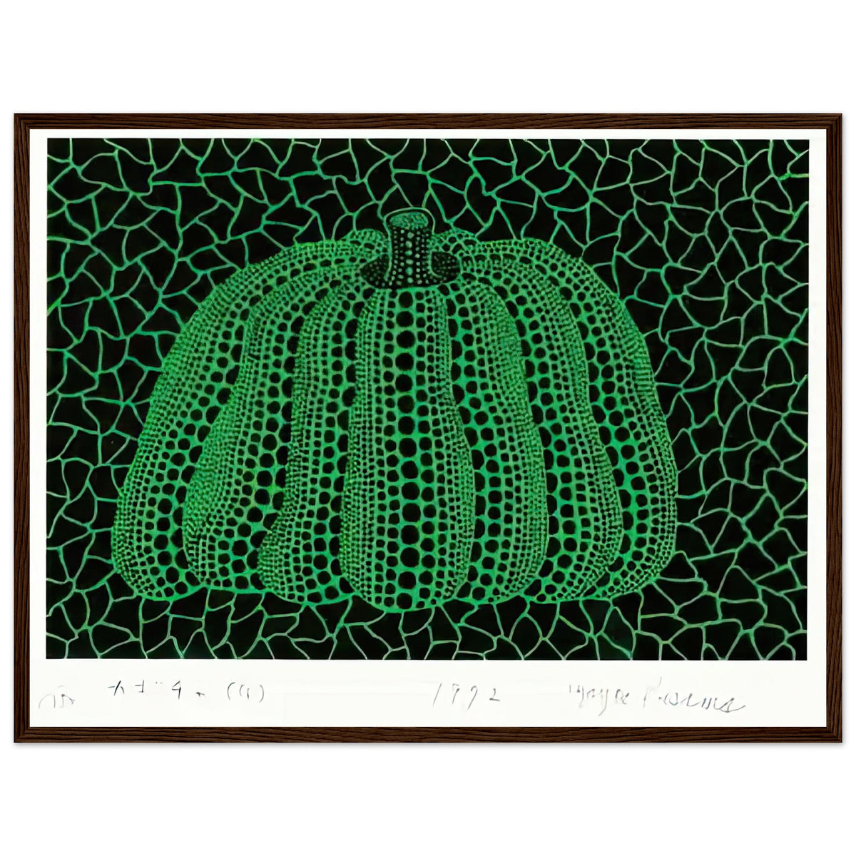Yayoi Kusama framed print — Pumpkin (G) [Kusama 151] revisits Kusama’s best-known vegetable through the relationship between its distinctive form and repeating ornament, dark wood frame, 45x60 cm / 18x24″