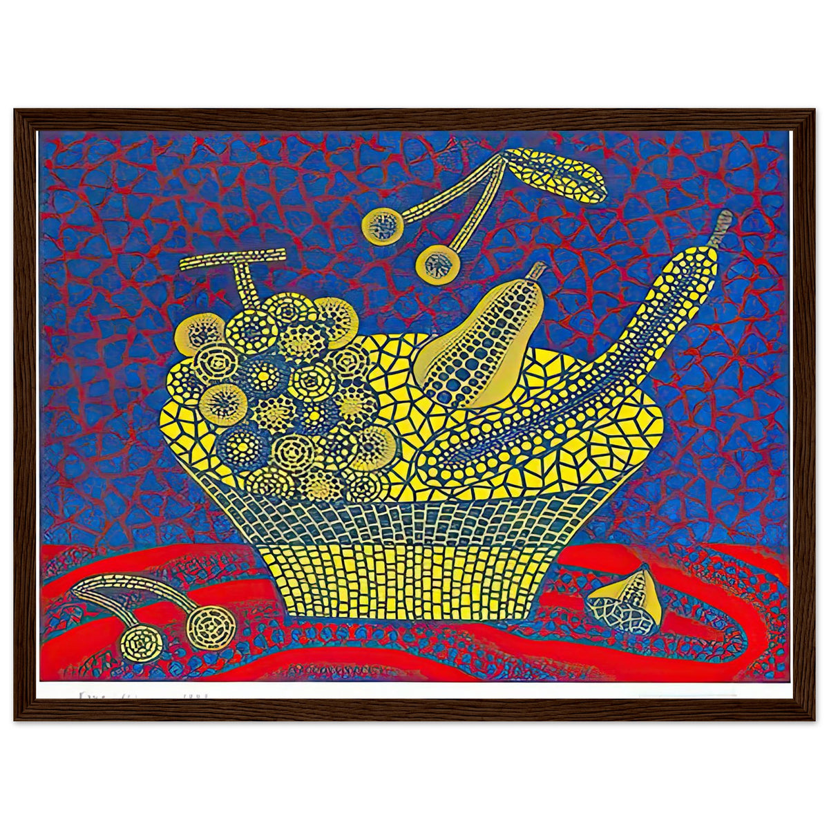 Yayoi Kusama framed print — Fruit Basket (1) by Yayoi Kusama explores one of the artist’s recurring subjects: the abundance of ordinary fruit, dark wood frame, 30x40 cm / 12x16″