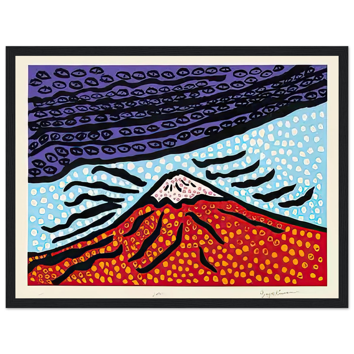 Yayoi Kusama framed print — Mt. Fuji Is the Home of My Heart presents Japan’s most recognizable mountain as a subject of personal belonging rather than simple, black frame, 30x40 cm / 12x16″