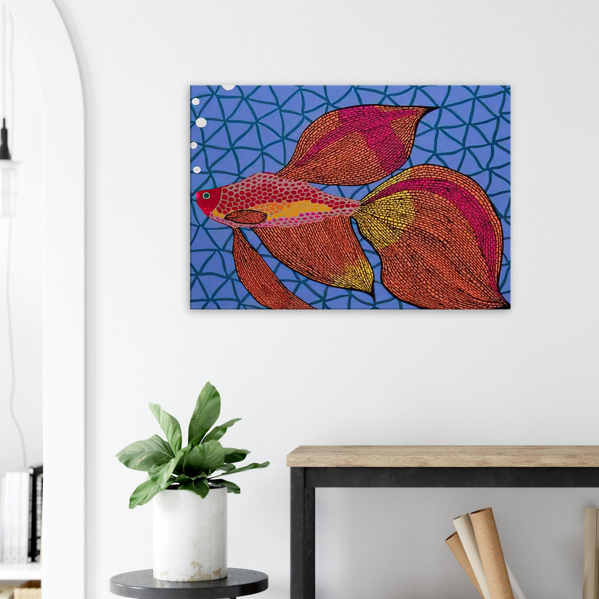 Yayoi Kusama canvas print — Goldfish shifts Kusama’s attention from land-based motifs to an aquatic creature whose graceful outline invites a playful graphic treatment