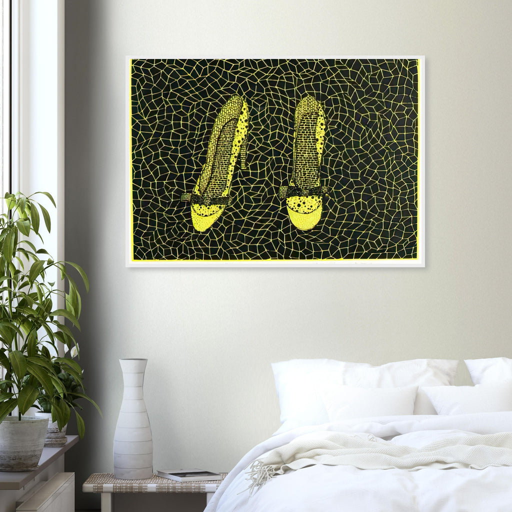 Yayoi Kusama framed print — Shoes (3) turns a footwear object into an image about shape, balance and individuality