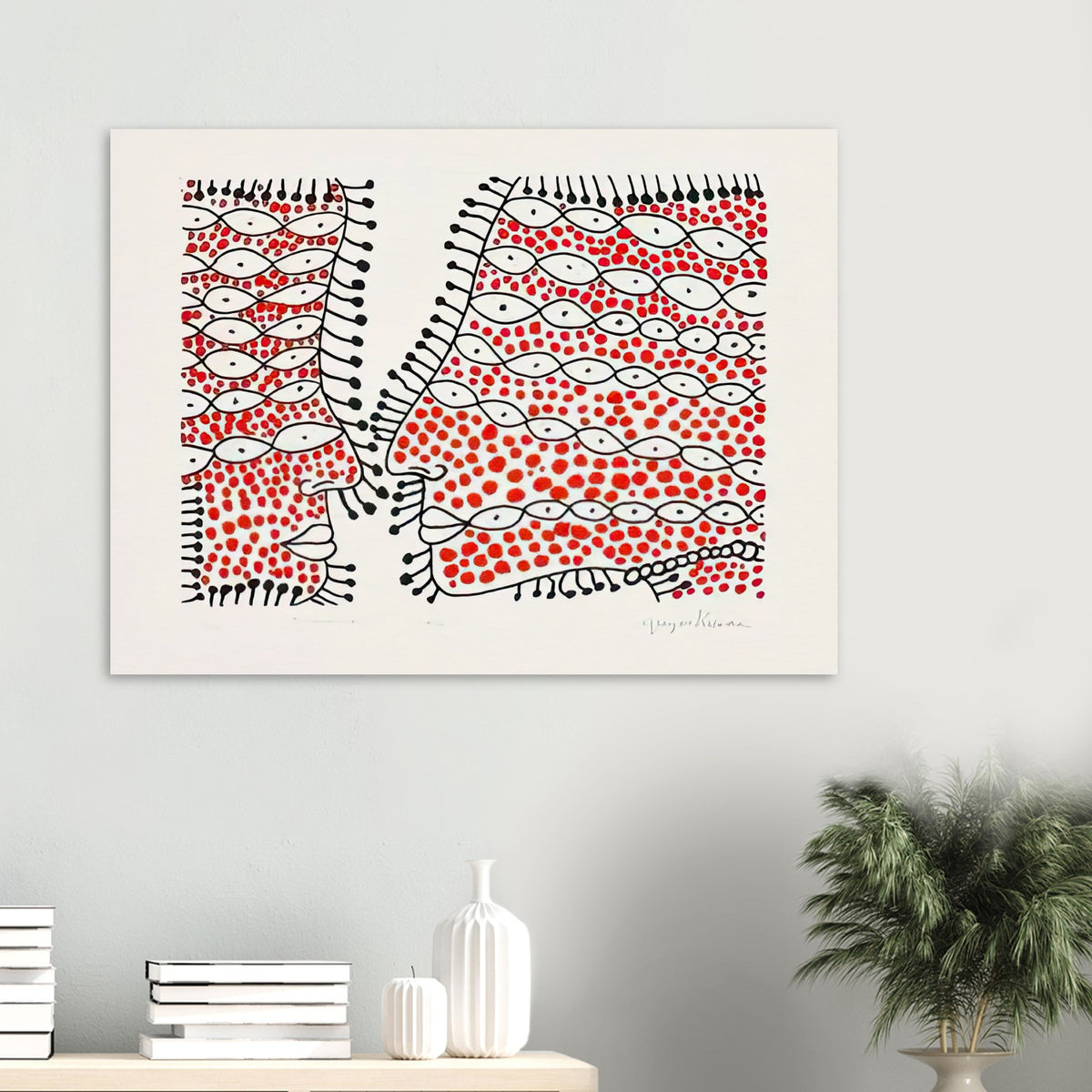 Yayoi Kusama poster — Beginning of Love suggests an intimate emotional moment expressed through Kusama’s recurring language of patterns and simple forms