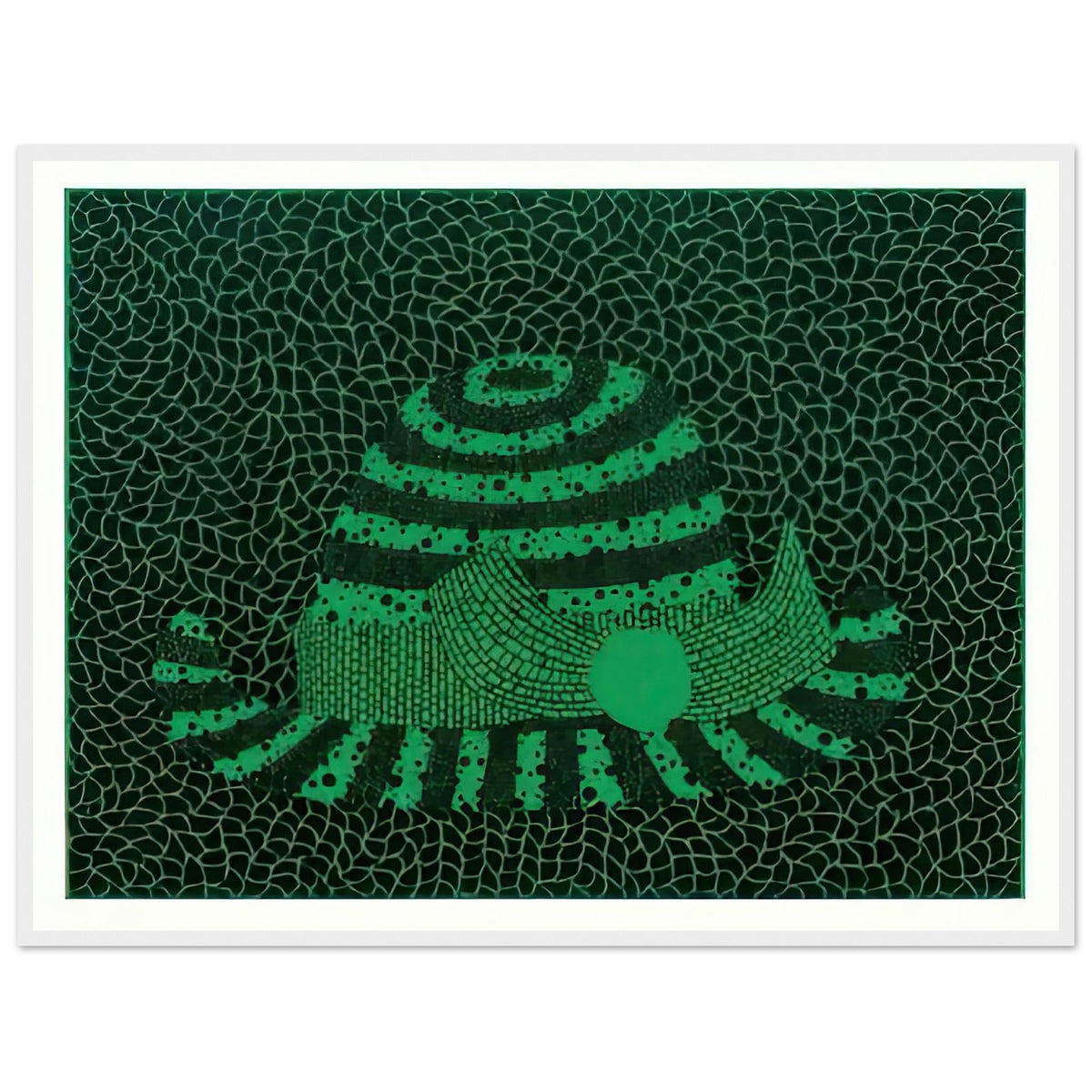 Yayoi Kusama framed print — Hat (Green) presents a familiar accessory as an exercise in changing color and graphic character, white frame, 60x80 cm / 24x32″