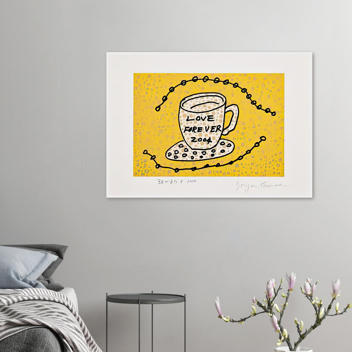 Yayoi Kusama framed print — Morning Is Here (B) joins a series of compact 2004 prints in which the beginning of the day becomes a subject for personal symbols and tightly controlled graphic