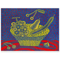 Yayoi Kusama poster — Fruit Basket (1) by Yayoi Kusama explores one of the artist’s recurring subjects: the abundance of ordinary fruit, 15x20 cm / 6x8″