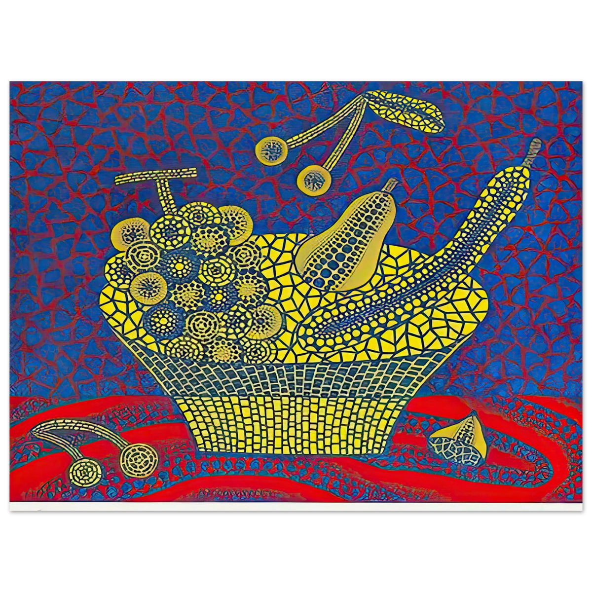 Yayoi Kusama poster — Fruit Basket (1) by Yayoi Kusama explores one of the artist’s recurring subjects: the abundance of ordinary fruit, 15x20 cm / 6x8″