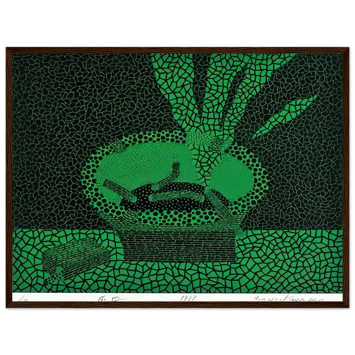 Yayoi Kusama framed print — The familiar outline of an ashtray becomes unexpectedly compelling in this early Kusama still-life subject, dark wood frame, 45x60 cm / 18x24″