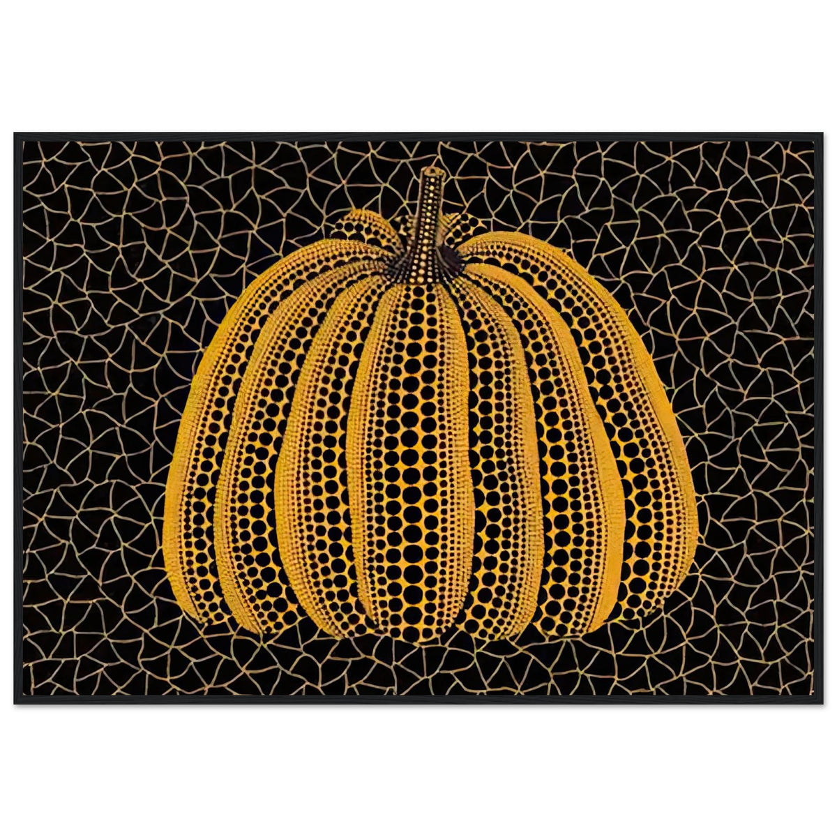 Yayoi Kusama framed print — Pumpkin (YY) [Kusama 231] revisits Kusama’s best-known vegetable through the relationship between its distinctive form and repeating ornament, black frame, 70x100 cm / 28x40″