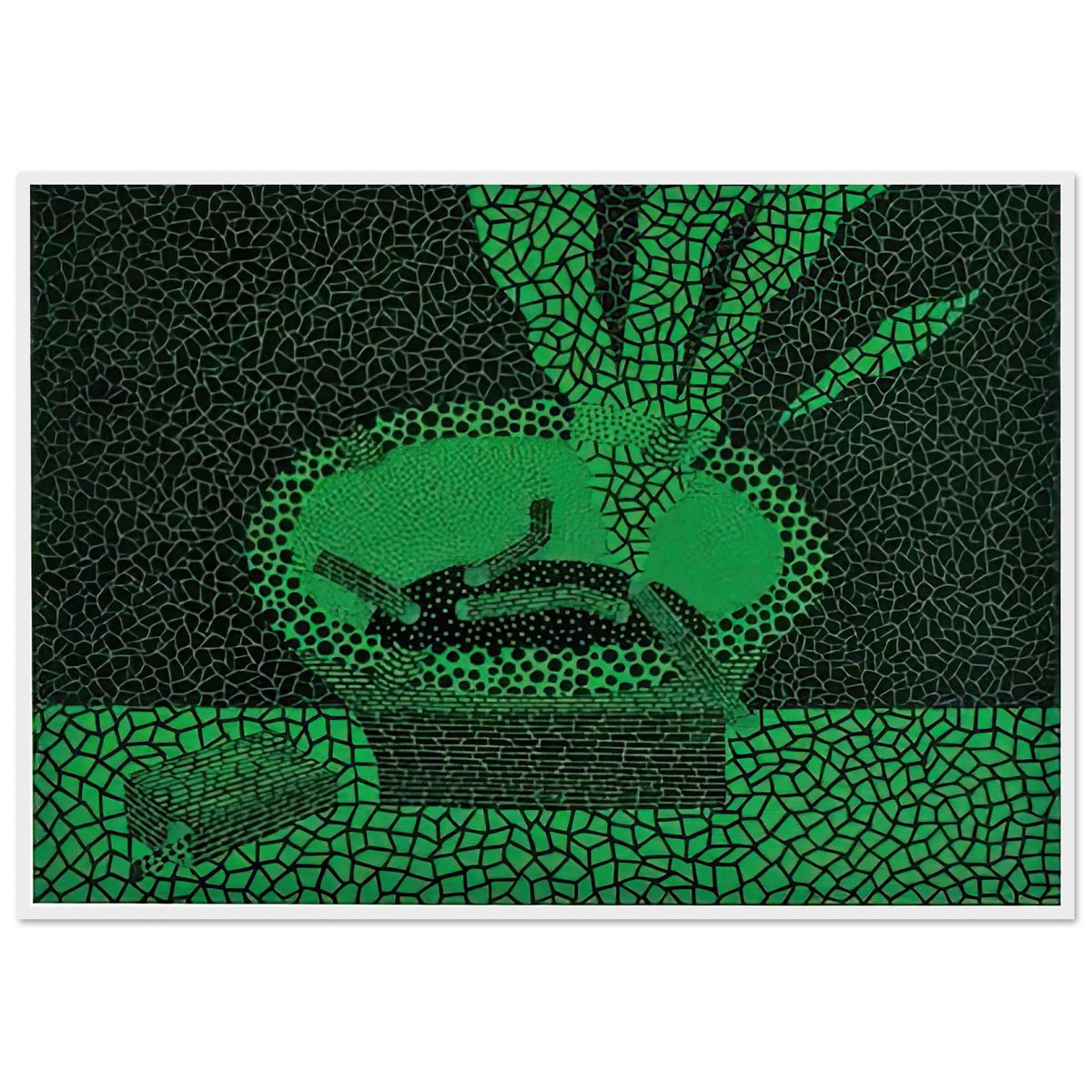 Yayoi Kusama framed print — The familiar outline of an ashtray becomes unexpectedly compelling in this early Kusama still-life subject, white frame, 70x100 cm / 28x40″