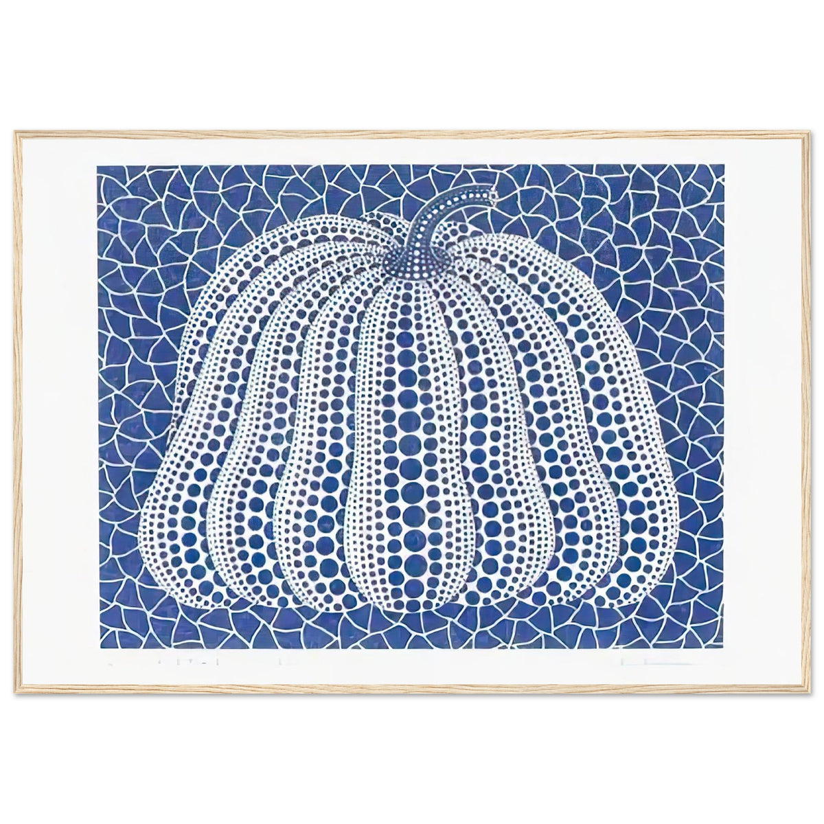 Yayoi Kusama framed print — Pumpkin (Blue, Version 2) presents Kusama’s familiar pumpkin through an explicitly blue variation, wood frame, 70x100 cm / 28x40″