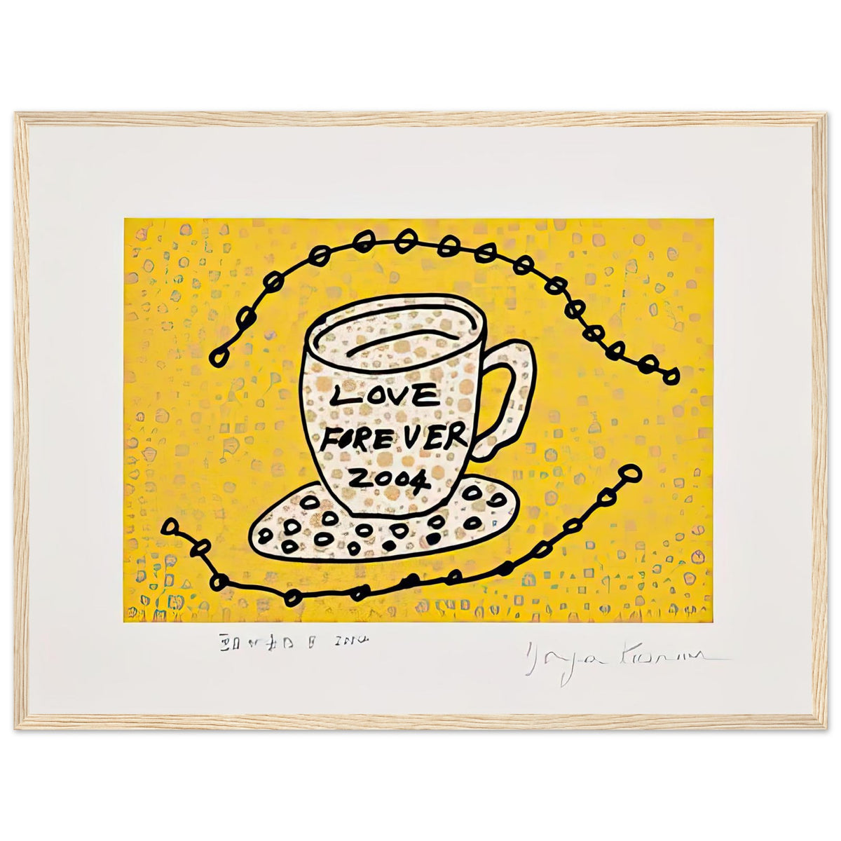 Yayoi Kusama framed print — Morning Is Here (B) joins a series of compact 2004 prints in which the beginning of the day becomes a subject for personal symbols and tightly controlled graphic, wood frame, 45x60 cm / 18x24″