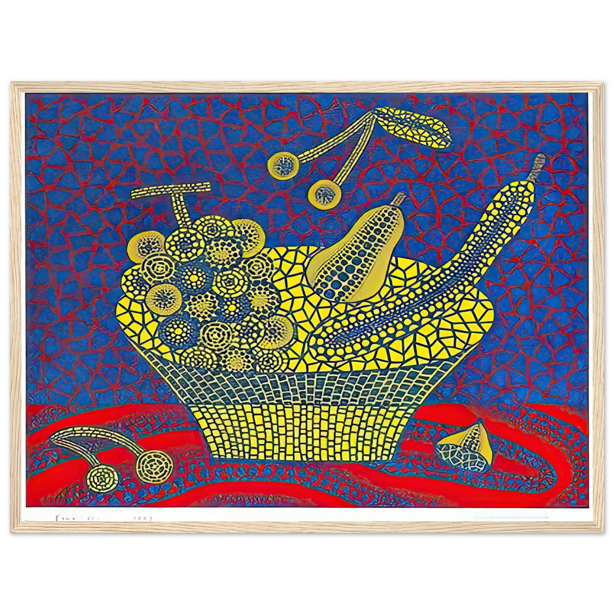 Yayoi Kusama framed print — Fruit Basket (1) by Yayoi Kusama explores one of the artist’s recurring subjects: the abundance of ordinary fruit, wood frame, 45x60 cm / 18x24″