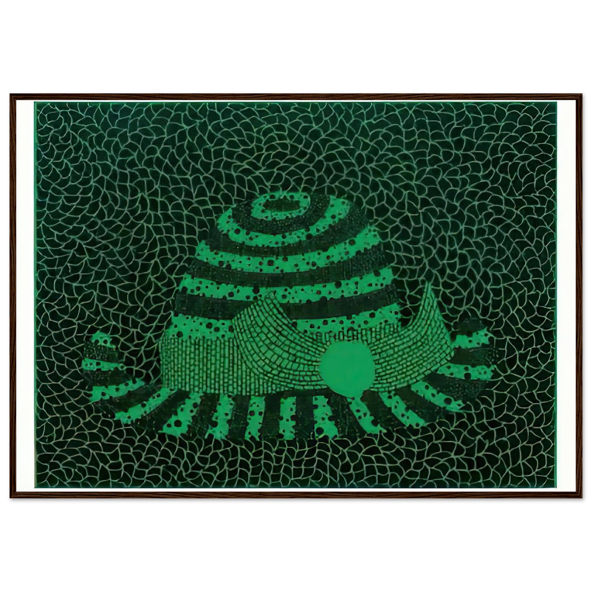 Yayoi Kusama framed print — Hat (Green) presents a familiar accessory as an exercise in changing color and graphic character, dark wood frame, 70x100 cm / 28x40″