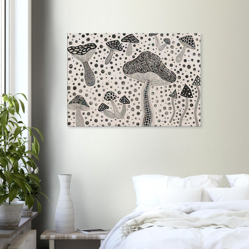 Yayoi Kusama canvas print — Mushrooms brings a humble woodland organism into Kusama’s world of organic growth and proliferating forms