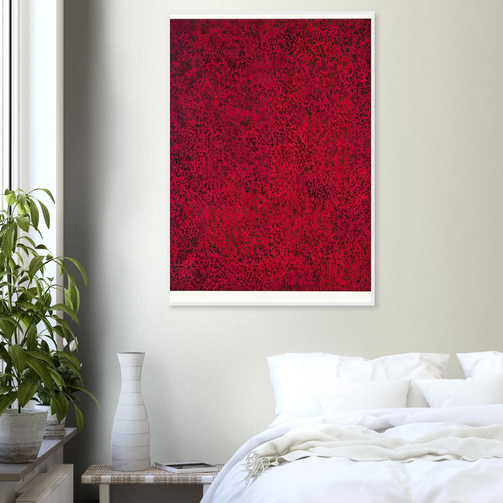 Yayoi Kusama framed print — A rich red field is filled with black, twisting net-like marks, creating a surface that flickers between atmosphere and abstraction
